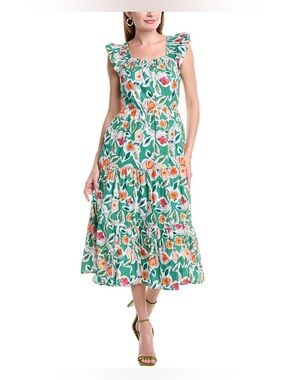 ANTHROPOLOGIE English Factory Green Floral Bow Open Back Dress Womens MEDIUM EUC